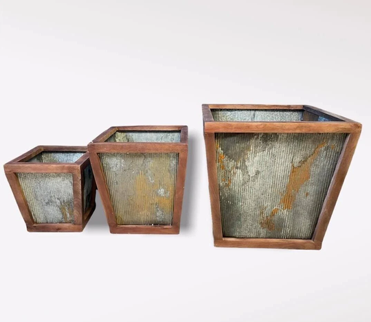 Galvanised Rustic Wooden Planter | Set 3 Metal Steel Garden Flower Pot Trough
