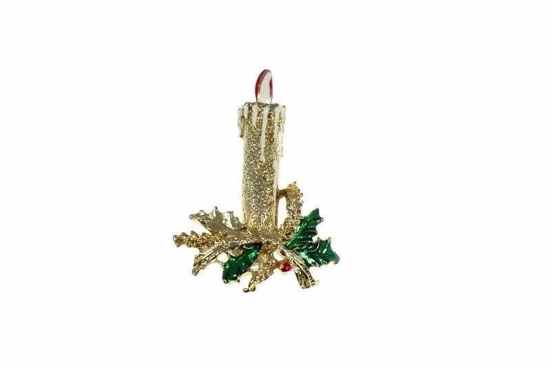 Vintage Christmas Candle Brooch, Festive Pin, Red & Green, Holiday Season, Gerry's Enamel Jewelry, Holly Brooch