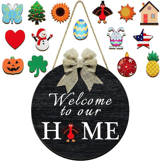 Echoo - Interchangeable Seasonal Welcome Sign Front Door Decor Rustic Wood Welcome to Our Home Sign Wall Hanging Porch Decoration