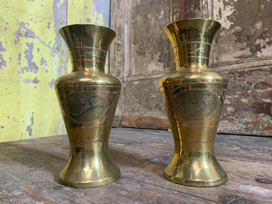 Antique 1920S/Chinese Brass Vases Oriental Antiques Solid Brass Decorated Flower Vase Planters Vintage Interiors