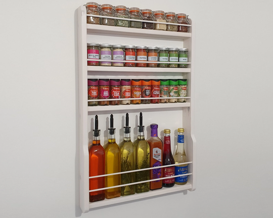 Spice & Oil Rack White Dyed 2-4 Shelf Handmade Wooden Wall Mountable Kitchen Storage