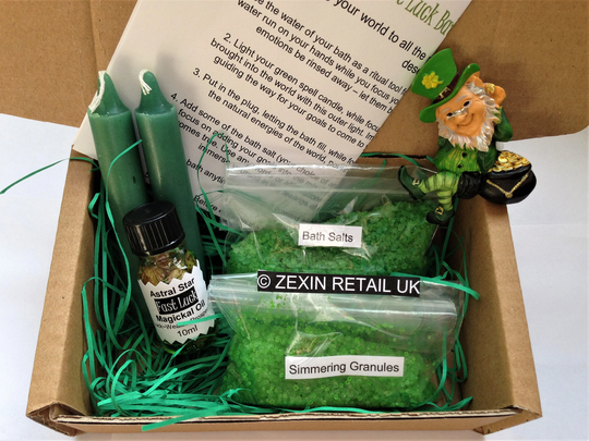 Fast Luck Bath Spell Kit - Salts, Simmering Granules, Lucky Leprechaun, Candles, Anointing Oil + Full Instructions