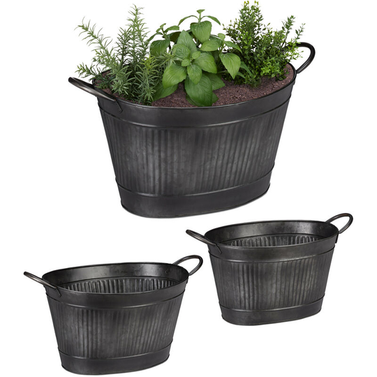 Relaxdays - Metal Tub Set Of 3, Oval Planters In Zinc look, Waterproof, Garden,Vintage, 12, 18 & 22 l, Dark Grey