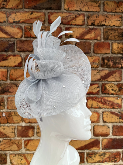 New Pale Powder Blue Sinamay Twirl Fascinator Headband & Clip With Real Feathers Diamanté's