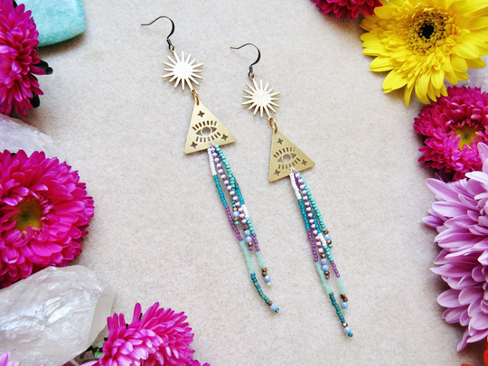 Boho Beaded Earrings, Seed Bead Third Eye Charm, Bohemian Jewelry, Fringe Gift For Her