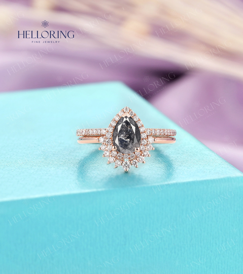 Pear Salt & Pepper Diamond Engagement Ring Set Rose Gold Cut Wedding Vintage Halo Diamond Moissanite Anniversary