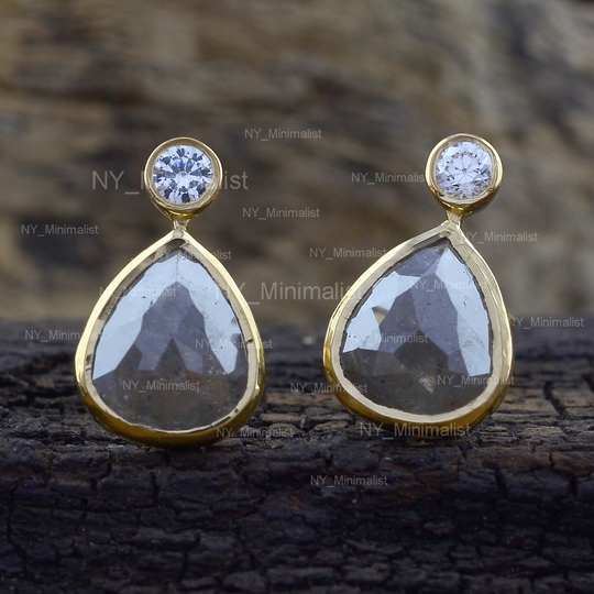 Teardrop Rough Salt & Pepper Diamond Pave Minimalist Stud Earrings in Solid 14K Yellow Gold Push Back Delicate Jewelry