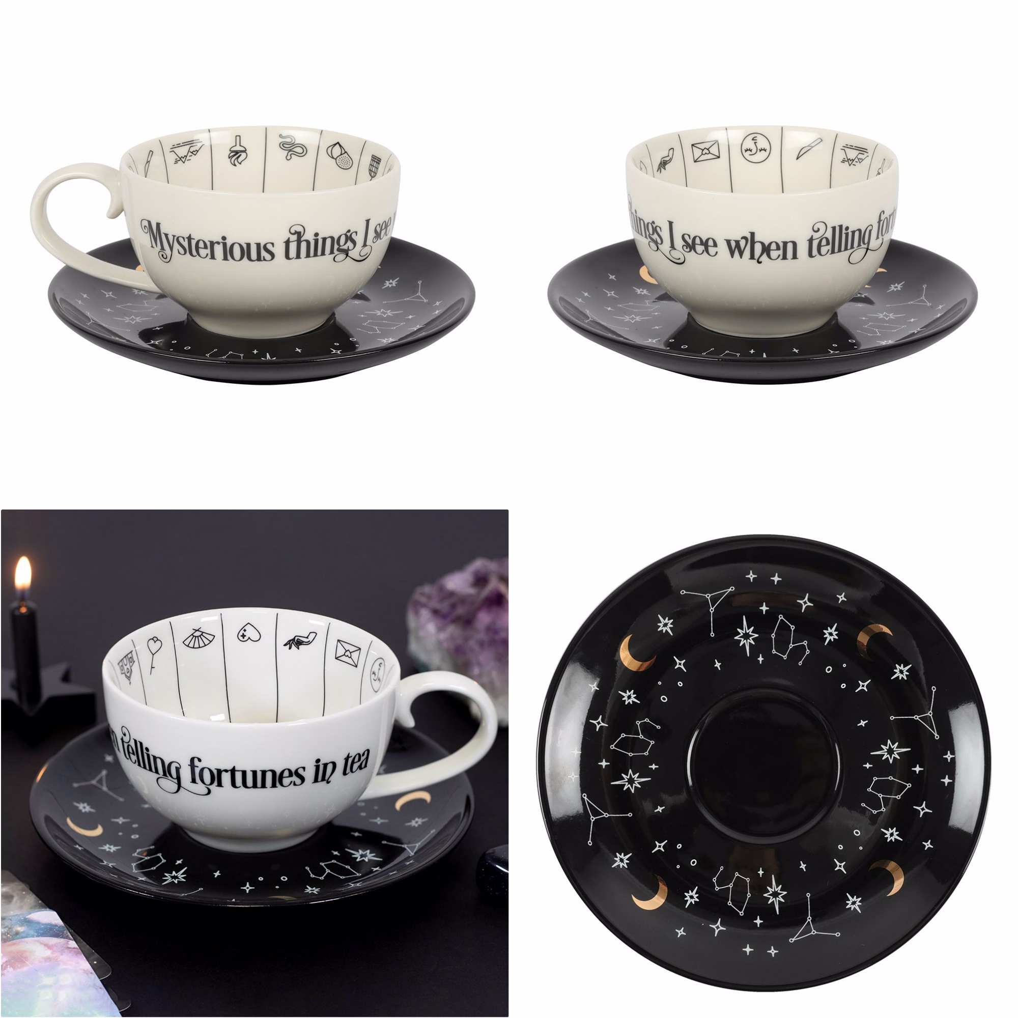 Fortune Telling Ceramic Teacup & Saucer | Tea Leaf Reading Tasseography Tasseomancy Gift For Witches Divination Leaves