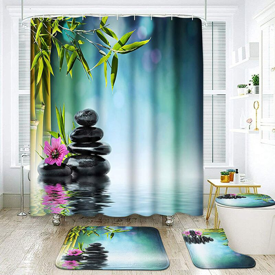 4 Pcs Shower Curtain Set Tower Black Stone Hibiscus Bamboo Water Zen Beautiful Flora with Non Slip Rugs Toilet Lid Cover and Bath Mat Bathroom Decor
