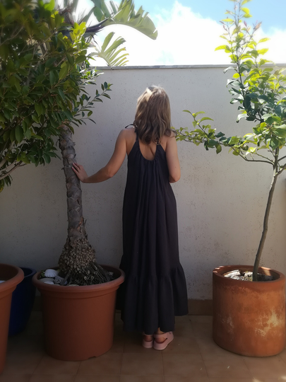 Linen Tiered Spaghetti Strap Dress/A-Line Pleated Summer Wedding Guest Holiday Loose // Hibiscus