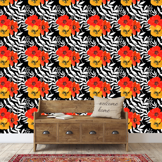 Tropical Jungle Abstract Orange & Red Flowers, Green Home Decor, Peel Stick, Removable Wallpaper, Floral Wallpaper, Botanical Decor