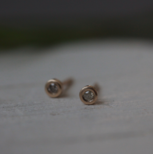 Gold Diamond Circle Studs - Tiny 3mm Solid Gold Round Stud Earrings With Salt & Pepper Diamonds in 9Ct Or 18Ct Yellow, Rose White