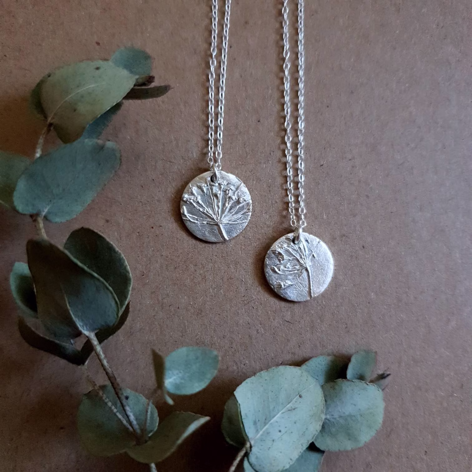 Dill Flower Coin Necklaces | Rustic Cast in Fine Eco Silver Delicate Trace Chain Custom Length Handmade UK Hypoallergenic Gift