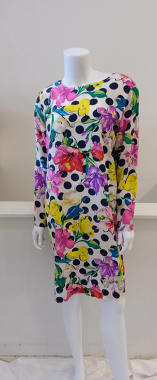 1980's Vintage Silk Sheath Dress With Hibiscus Theme Large Polka Dot Simple Yet Bright Size 4 Style Light Pretty & Summery Pat Agenti