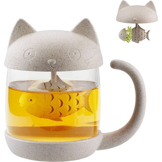 Cat Glass Tea Cup Water Bottle - with Fish Bread Infuser Filter and Tea Infuser 301-400ml White