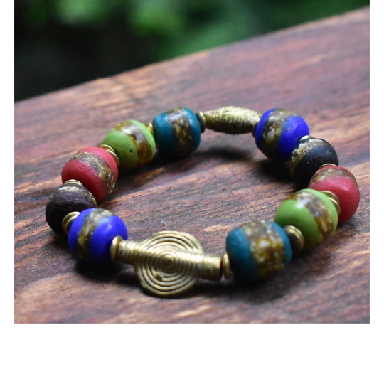African Striped Powder Glass Beads With Brass Lost Wax From Ghana