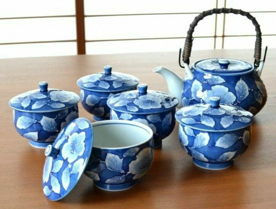 Arita Yaki Ware Green Tea Cup & Pot Set Kyusu Yunomi Kyo Style Peony Japan