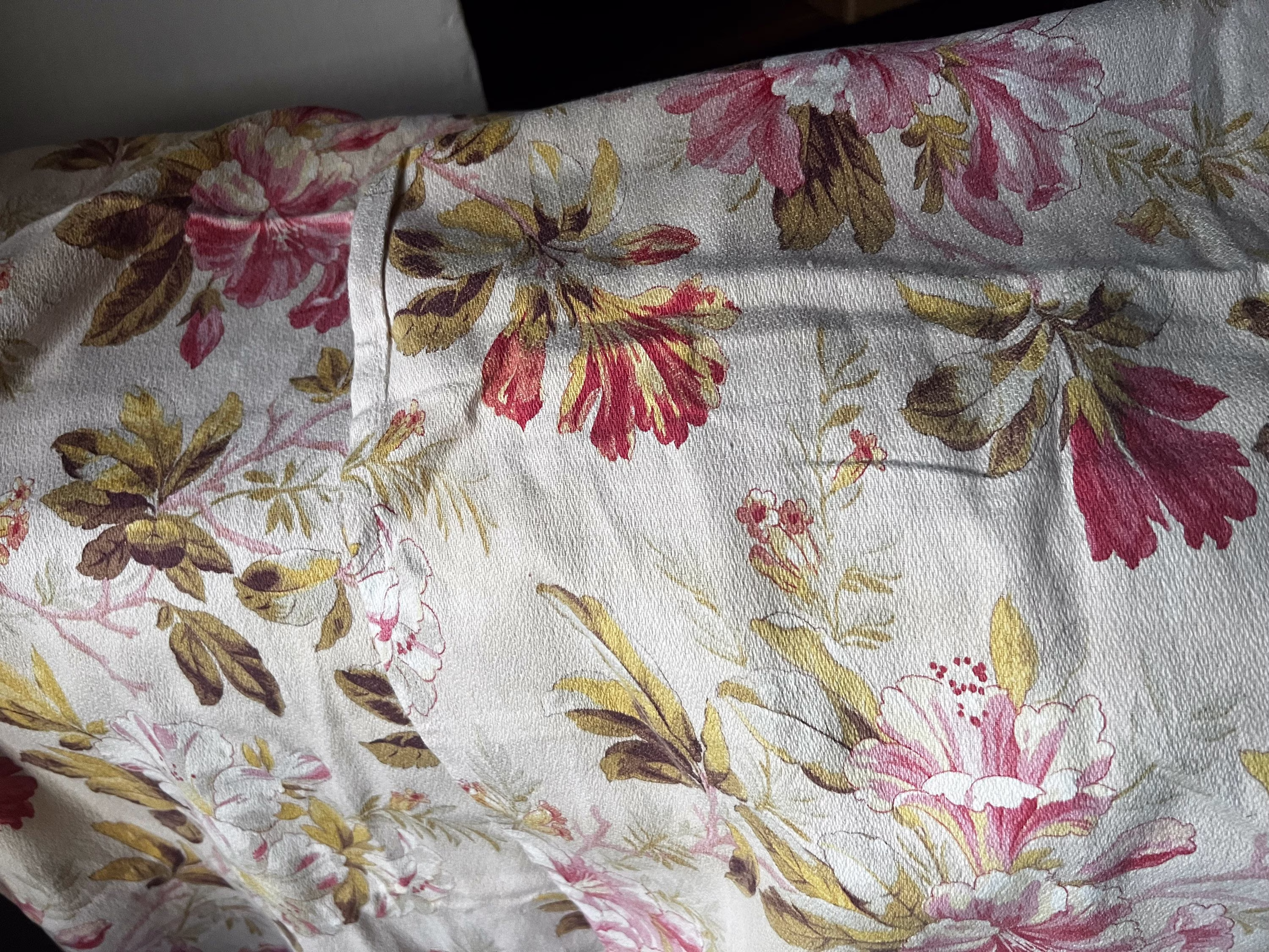 Antique Fabric, Vintage French Panel. Cotton Cretonne. Floral Textile, Pink Lilies & Hibiscus, Decorative Antiques