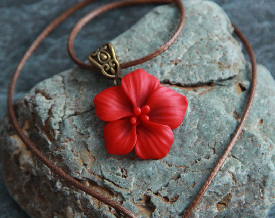 Hibiscus Pendant, Red Clay Flower Necklace, Floral Statement Polymer Jewelry Women, Cord Necklaces, Gift For Her