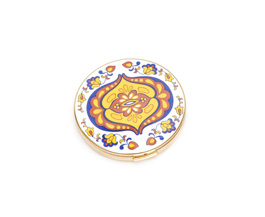 Vintage Compact Powder, Colorful Yellow Blue Retro Pattern Lid Make Up Case, Gold Metal Mirror, 1960S Fashion Accessory Gift Melissa England