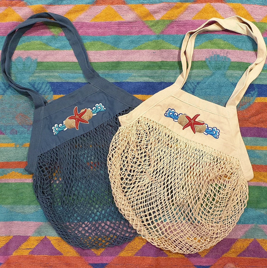Organic Cotton Mesh String Beach Bag With Starfish & Seashell Design