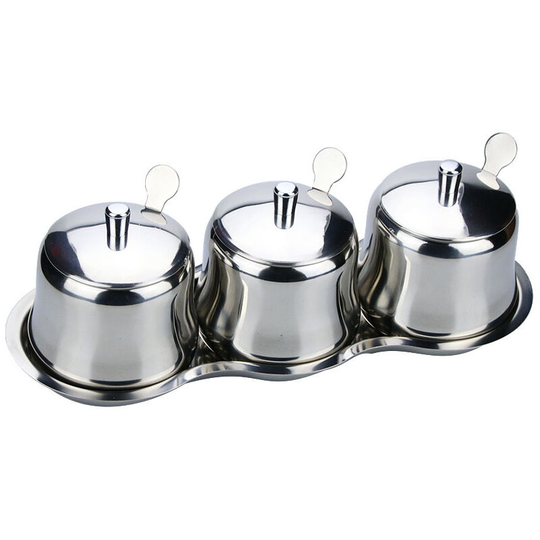 18/8 Stainless Steel Seasoning Box Condiment Jar Set Spice Jar Rack Condiment Cruet Bottle Salt Pepper Sugar Storage with 3 Spoons(Steel Lid)