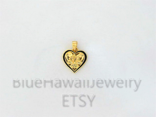 10mm 14K Yellow Gold Hawaiian Enamel Hawaii Heart Carved Hibiscus Pendant