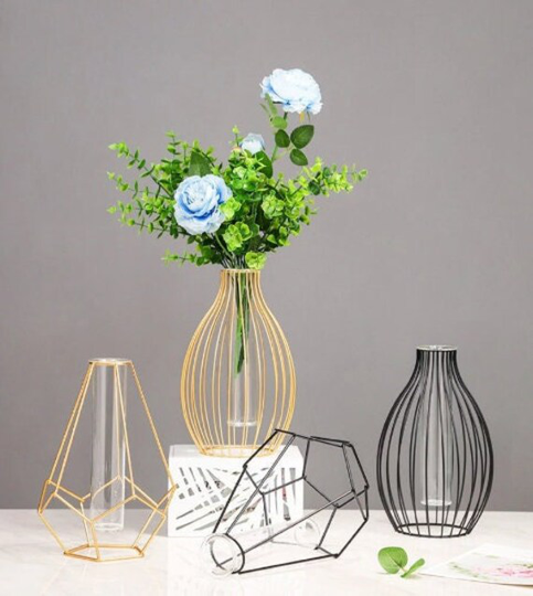 Nordic Black Frameless Iron Planter, Glass Tube Vase, Frameless Decor, Minimalistic Hydroponic Silhouette Line Trending