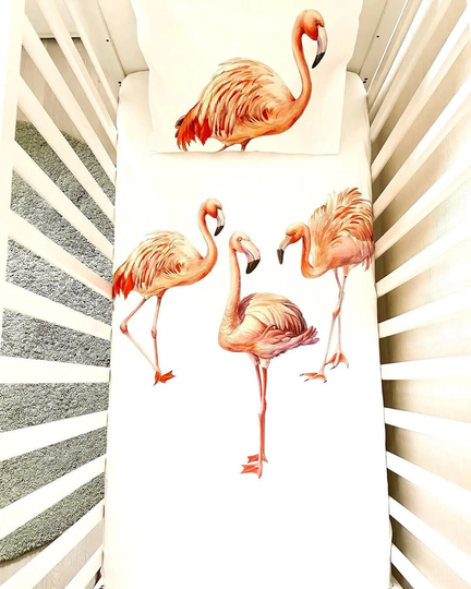 Organic Cotton Baby Bedding Flamingo. Natural Bohemian Set. Fitted Sheet & Pillow Cover Set