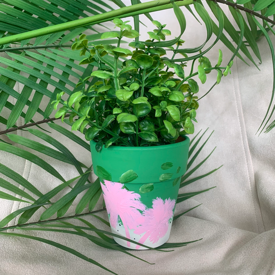 Hand Painted Matcha Latte Plant Pot Pink & Green Palm Tree