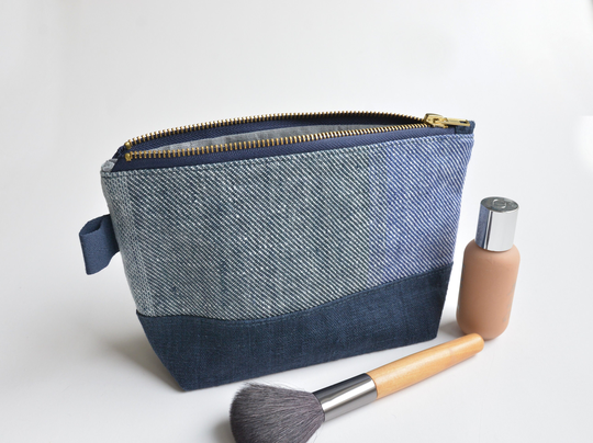 Navy Blue Linen Toiletry Bag Unisex - Medium Size Organizer Zip Pouch Medicine Bag