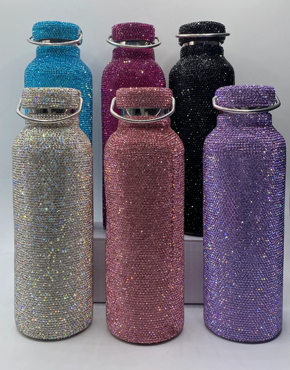 Portable Rhinestone Diamond Double Layer Stainless Steel Water Bottle Outdoor Sports Travel Metal Thermos Vacuum Flask