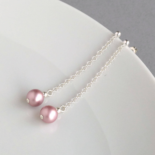 Dusky Pink Pearl Drop Earrings - Long Powder Rose Chain Dangle Dusty Bridesmaids Gifts Wedding Jewellery/Accessories