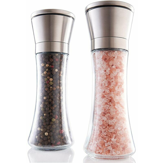 Monly - Stunning Salt and Pepper Mill Set - Refillable Stainless Steel Shakers with Adjustable Coarse Grinders - Enjoy your favorite spices, freshly