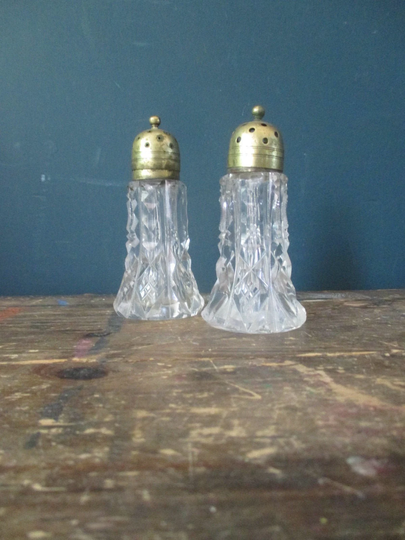 1 Pair Of Antique Crystal With Brass Salt & Pepper Shakers