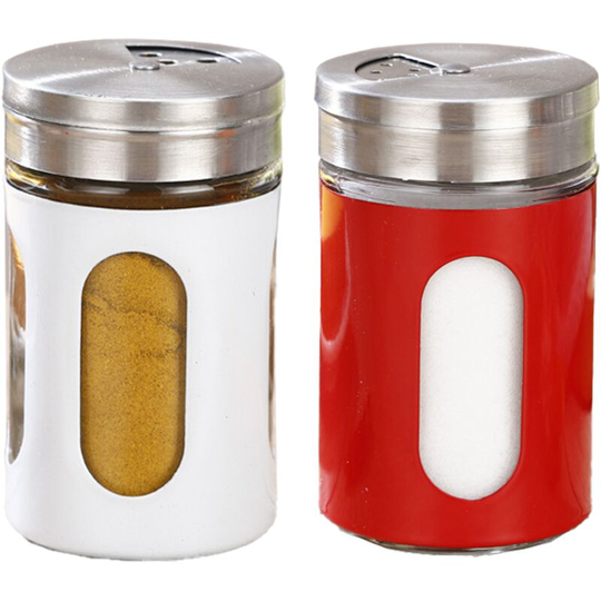 Fvbjd - Salt and Pepper Shakers Stainless Steel and Glass Set with Adjustable Pour Holes 1pcs red + 1pcs white