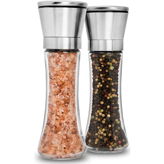 Premium Stainless Steel Salt and Pepper Grinders Set of 2 - Adjustable Ceramic Sea Salt and Pepper Grinders - Tall Glass Salt and Pepper Mixers