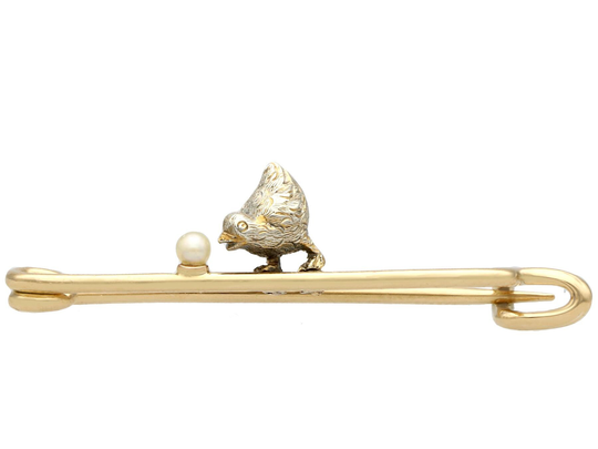 Victorian Seed Pearl Yellow Gold & Silver Chick Bar Brooch