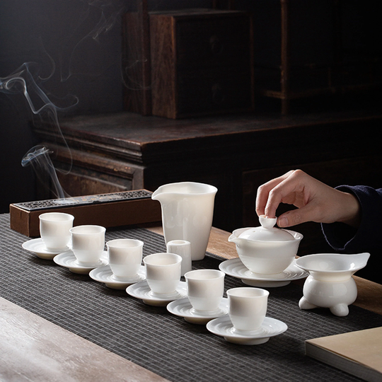 Chinese White Ceramic Kung Fu Tea Set, A Complete Set With Gift Boxe