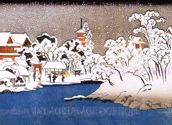 Antique Victorian Japanese Snowy Village Scene Christmas Season Winter Solstice Holiday 5x7 Greeting Card