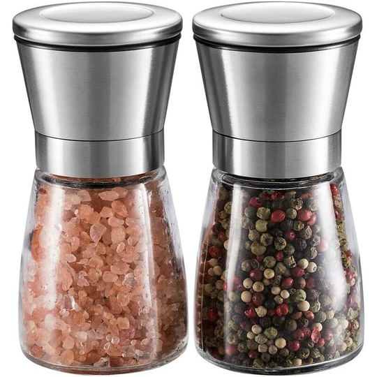 Aougo - Salt and Pepper Mill Set - Premium Stainless Steel Salt and Pepper Mill with Glass Body and Adjustable Coarseness, Brushed Stainless Steel