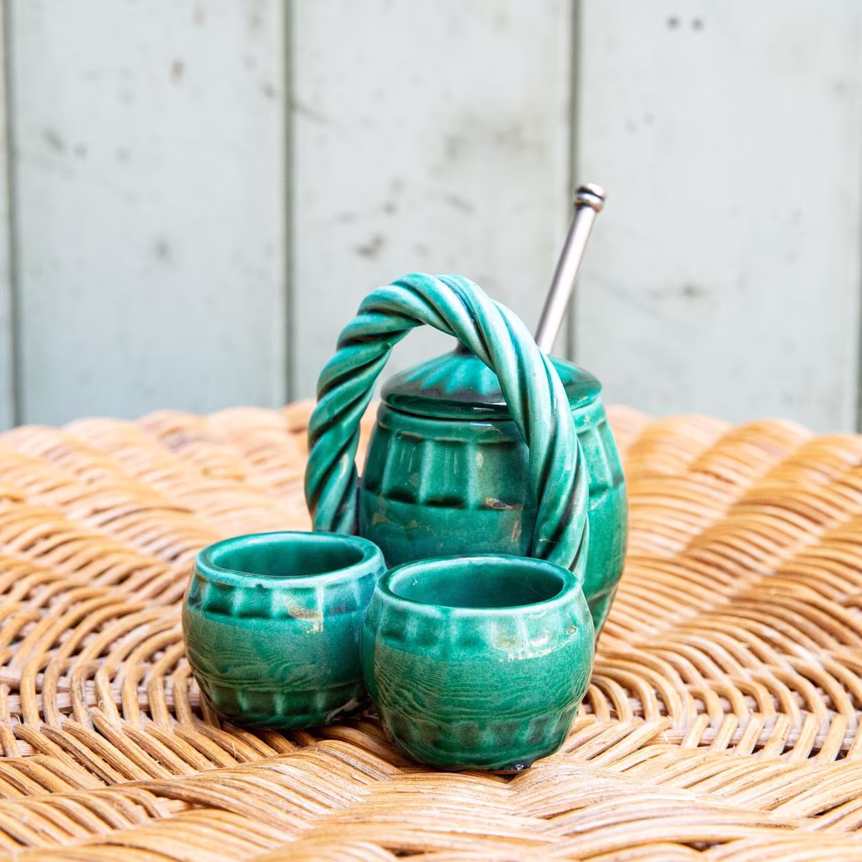 Green Salt Pepper & Mustard Holder With Spoon