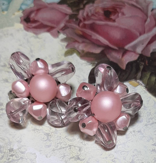 Vintage Powder Pink Cluster Earrings, Clip