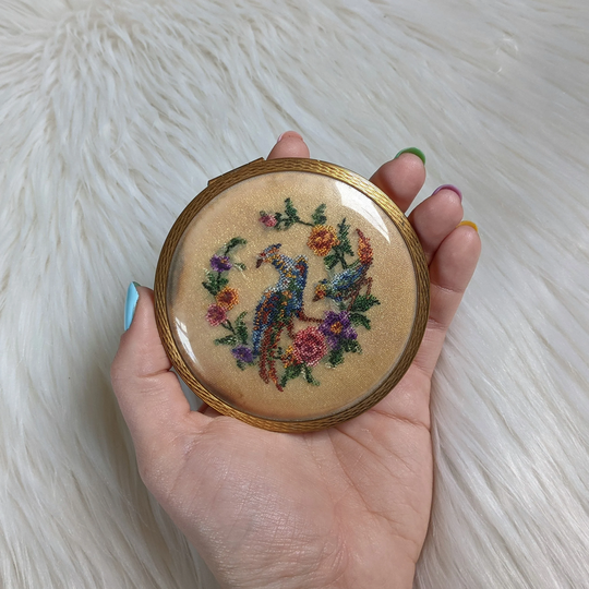 Beautiful Embroidered Powder Compact, Birds & Floral Design, Gold Colour Petit Point, Multi Embroidery