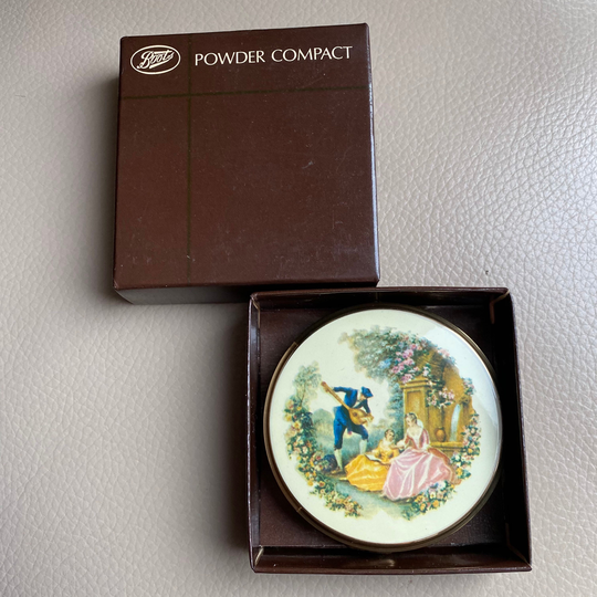 1960S Boots Compact Original Box Enamel English Vintage Handbag Mirror Boxed Powder 1950S Care Label Tudor Scene