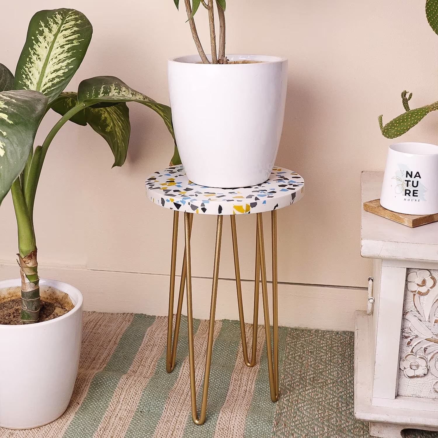 Terrazzo Speckled Garden Table With Metal Hairpin Legs Plant Stand | Accent Wood Stool Side For Living Room | H-16 X D-10