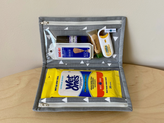 Mini Triangle Gray First Aid Organizer With Two Clear Zipper Pouches, Baby Shower Gift For New Parents, Fold Over Makeup Bag