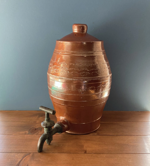 Antique Victorian 10 Pint Salt Glazed Barrel With Brass Tap. C. Mid 19Th Century