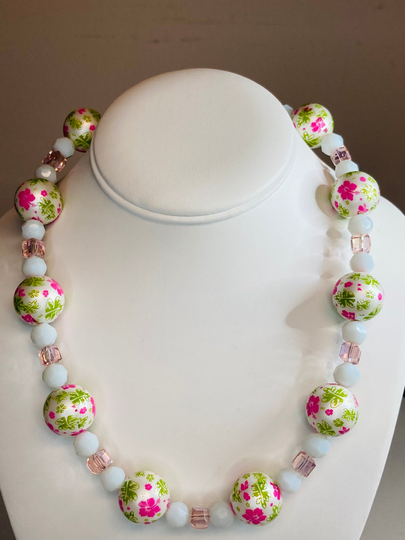 Hibiscus Flowers Necklace/White & Pink Beaded Flower Round Big Necklaces For Women