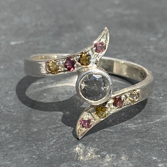 Diamond Ring - Salt & Pepper Diamond With Multi- Colour Safire Conflict Free Black